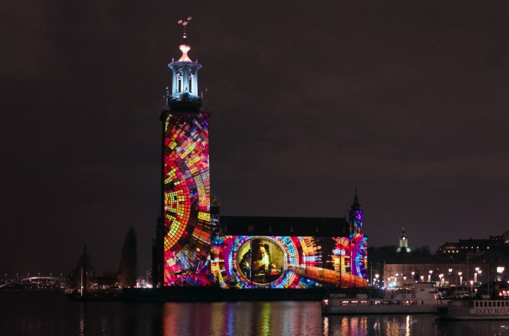 The light artwork Leading Lights, displayed on the walls of the City Hall in Stockholm